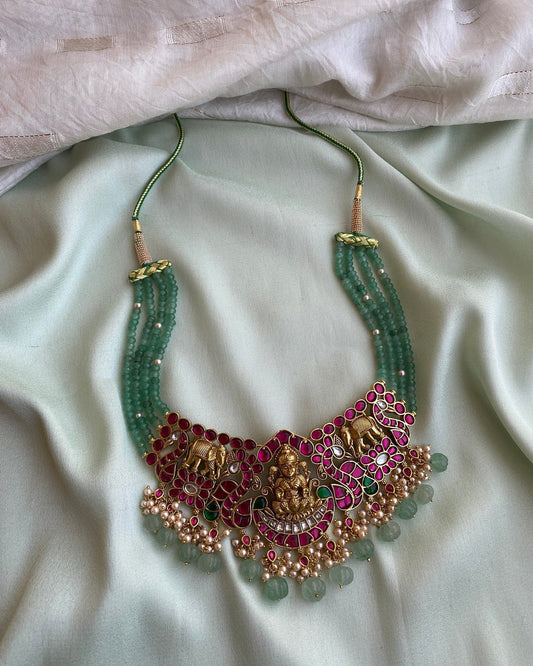 Green Beauty With Work Stone and Pearl Necklace
