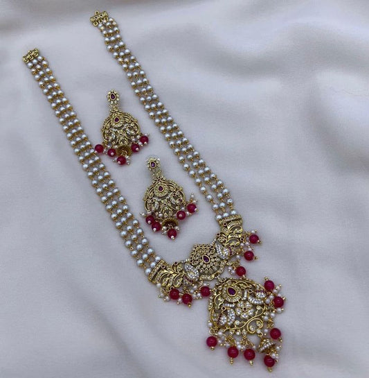 Ruby CZ Diamond Long Necklace American Diamond Haram Necklace set