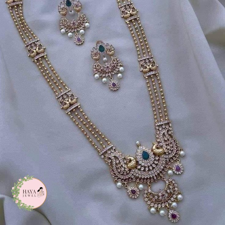 Antique Long Haram Golden Necklace with Earrings